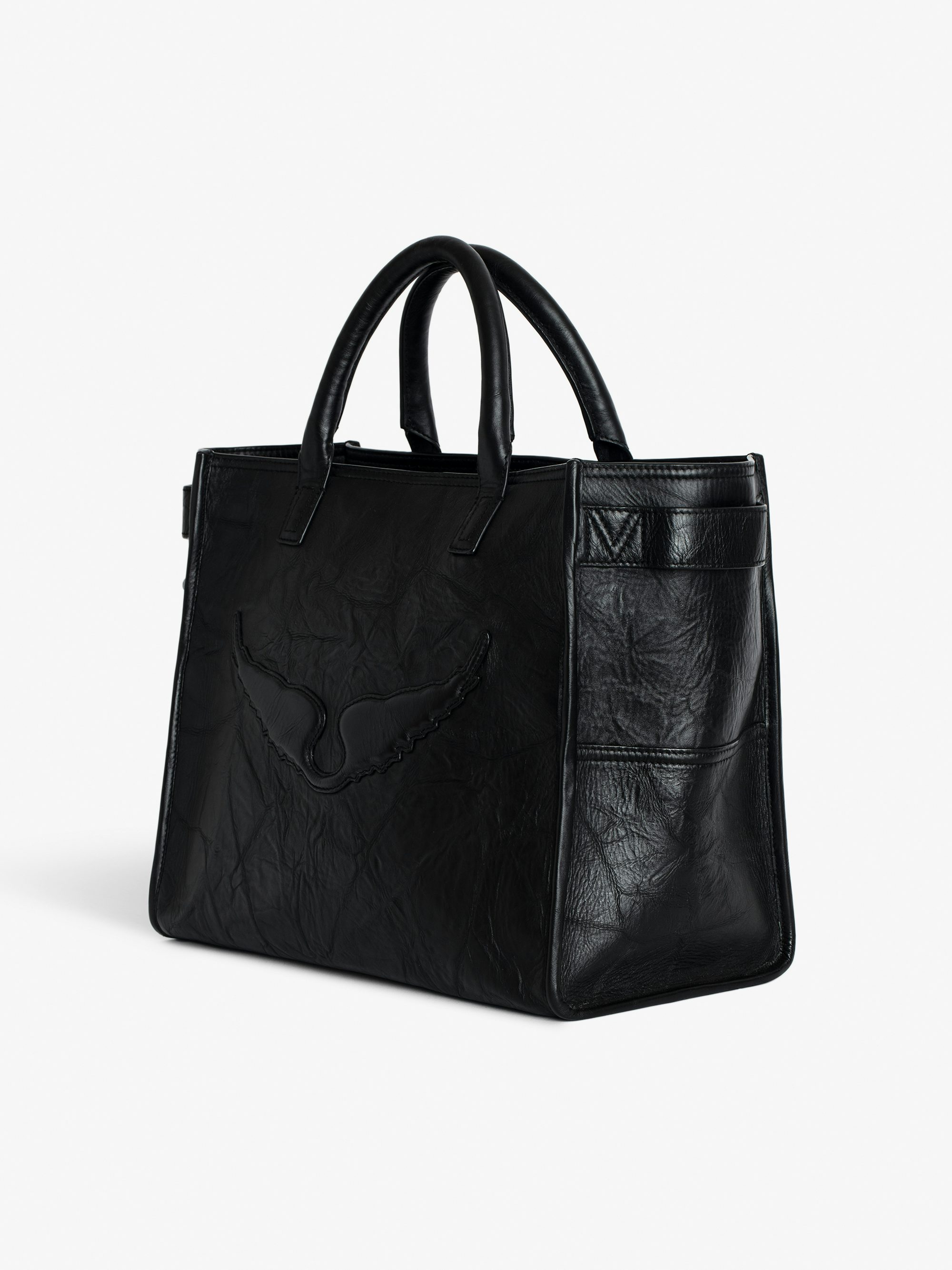 Angel Tote Bag - Crinkled leather bag with handle, shoulder strap and embossed wing signature.